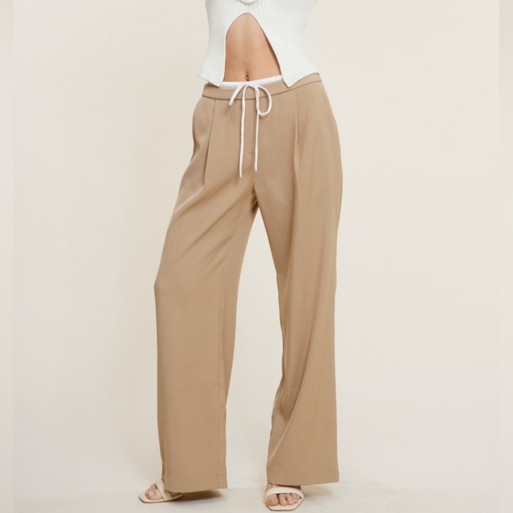 Mimosa Women's Tan Wide-Leg Maddie Trouser Pants in Taupe - Size: L NWOT